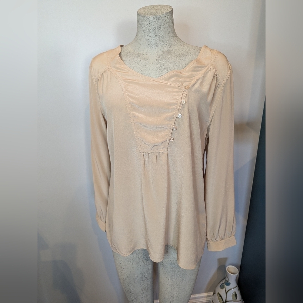 Silk Women's Long Sleeve Top, Gold V Neck 100% Silk Size L
